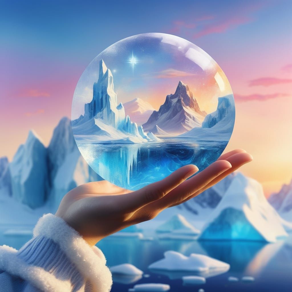 Vibrant Princess Holds Icy Antarctica in Palm with Sunrise