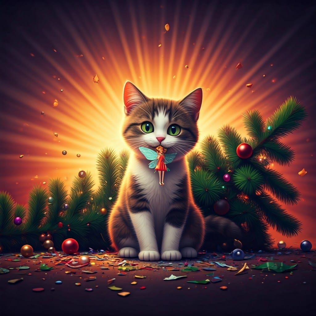 A happy looking cat with a toy fairy in his mouth, sitting i...