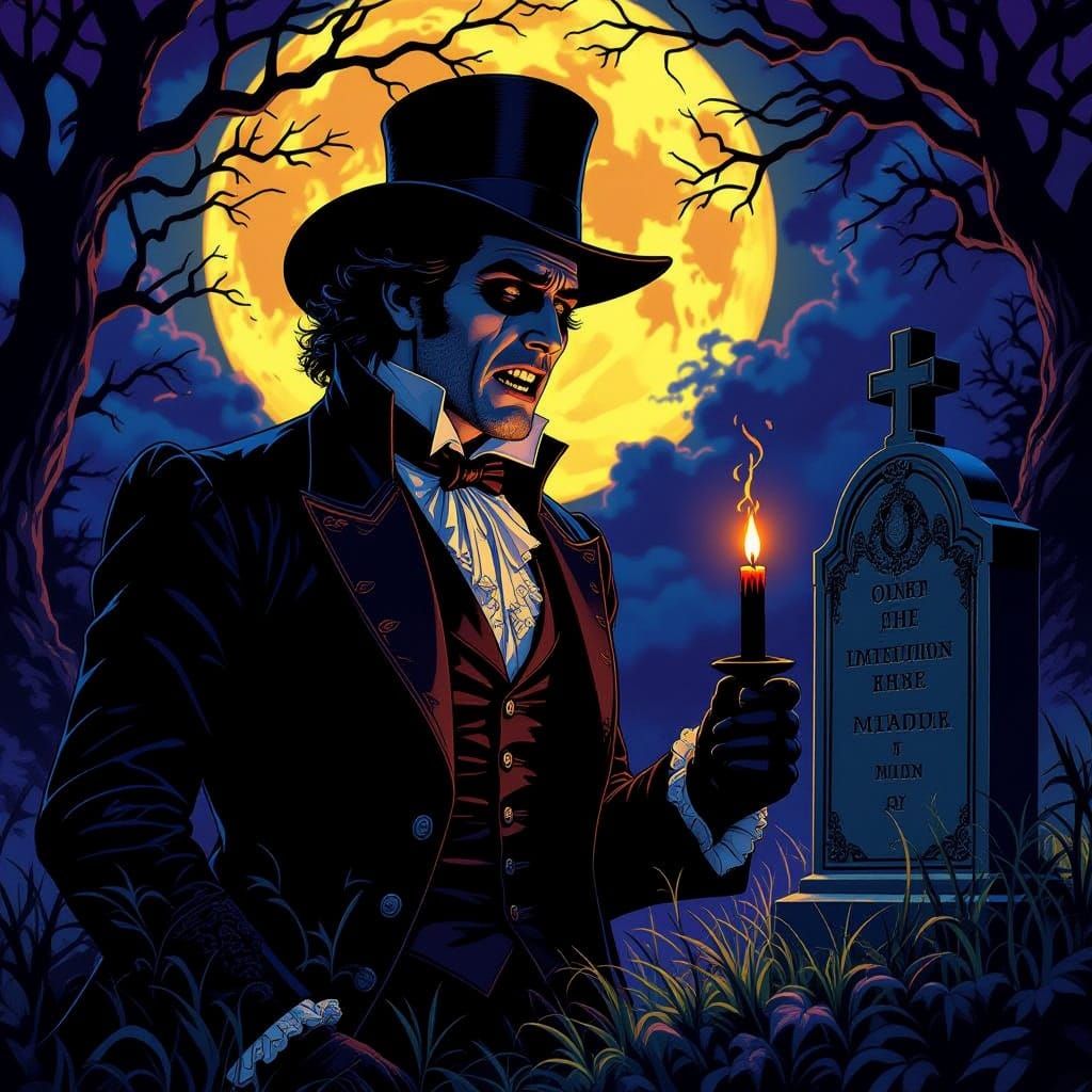 Victorian Man Cries at Grave with Black Candle