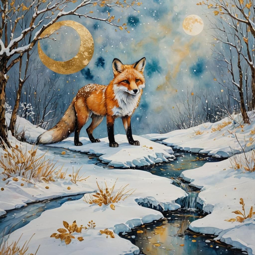Fox by Snowy Stream in Alcohol-Ink Marbling Style