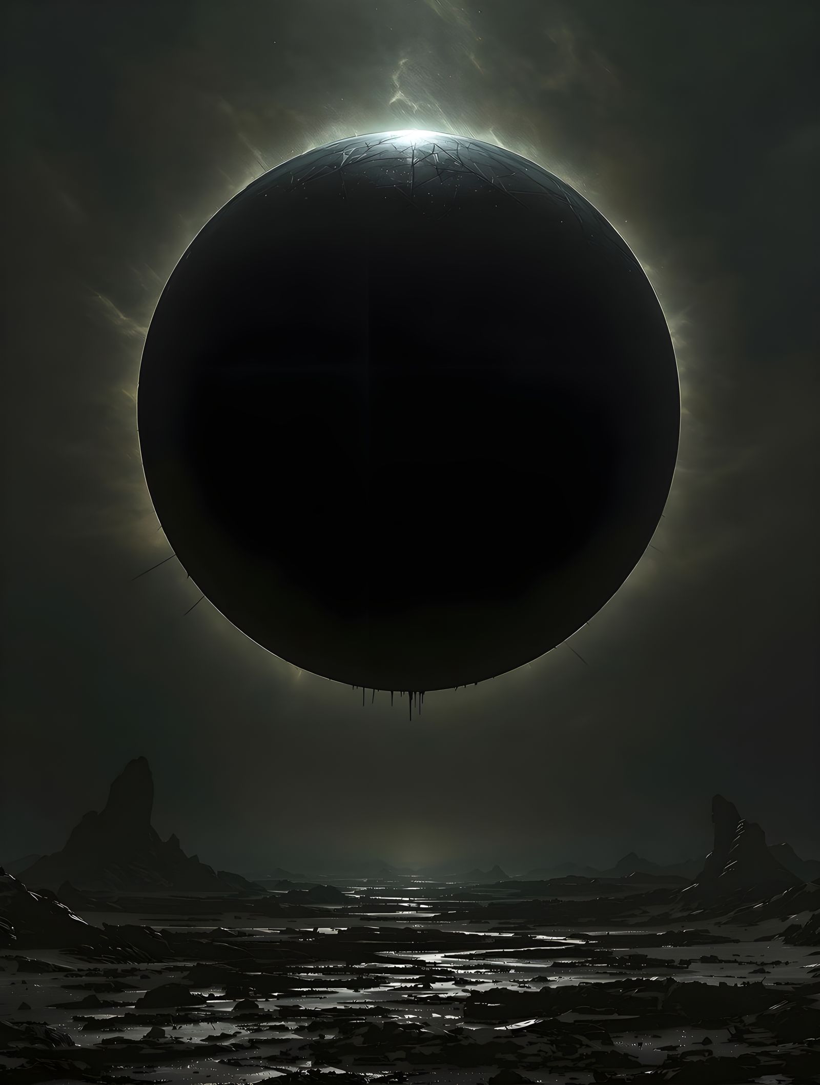 Dark Fantasy Sphere in a Desolate, Surreal Sky