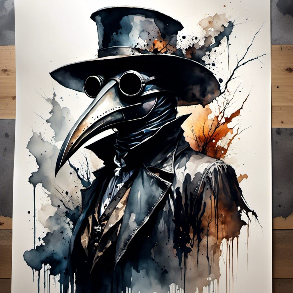 Watercolor Plague Doctor in Horror Style