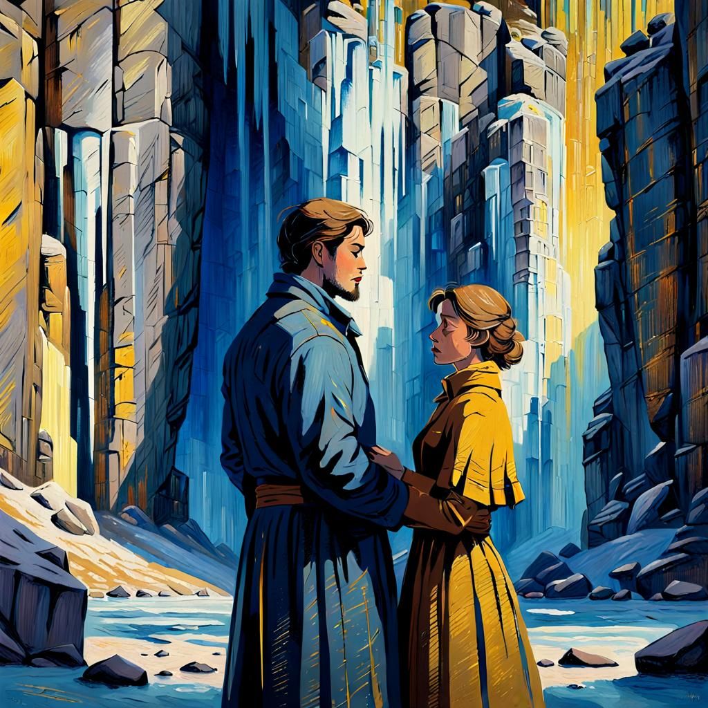 Granite Walls Frame Impressionist Lovers' Golden Hour