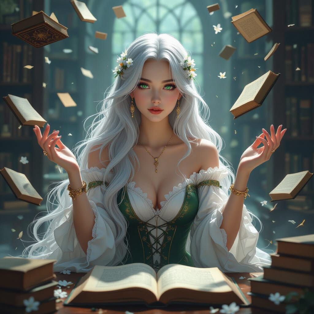 Ethereal Silver-Haired Woman Summons Characters in Library