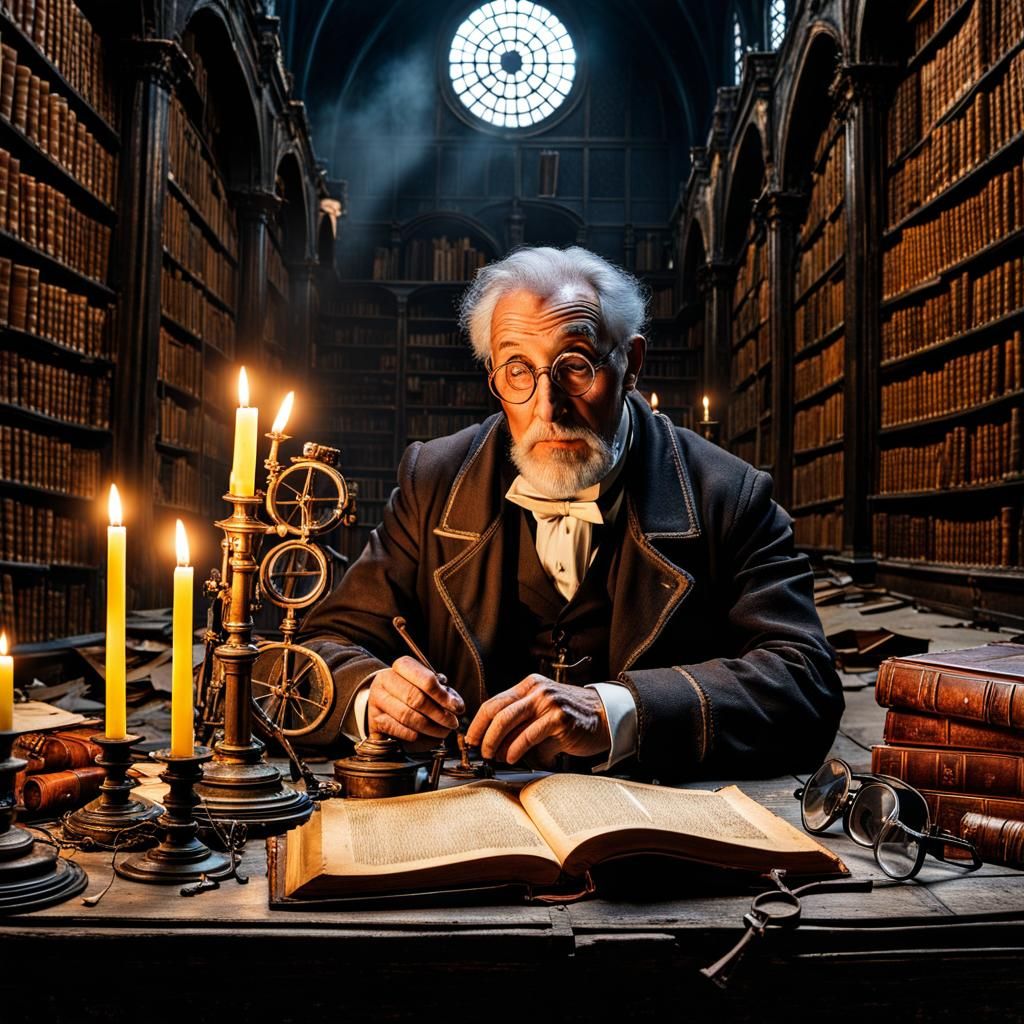 Post-Apocalyptic Inventor in Ruined Library