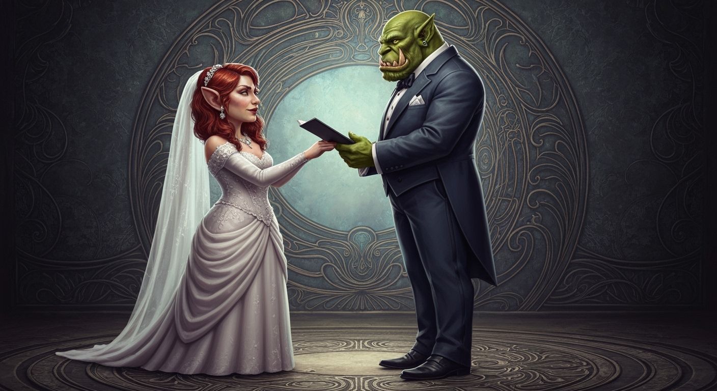 Gnome and Orc Wedding in Dark Fantasy Style