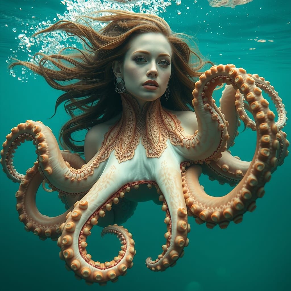 Underwater Woman-Octopus Hybrid Creature