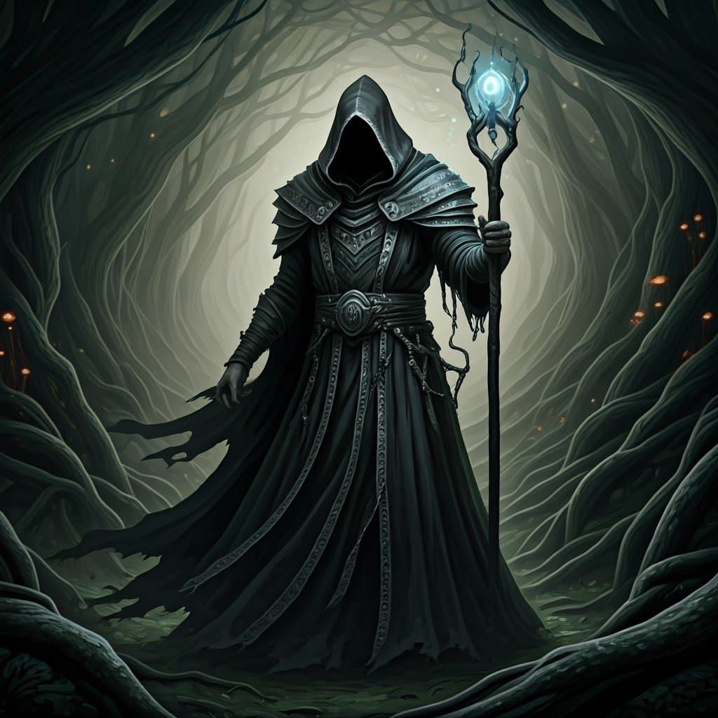 Mysterious Dark Sorcerer Stands at Edge of Mystic Forest