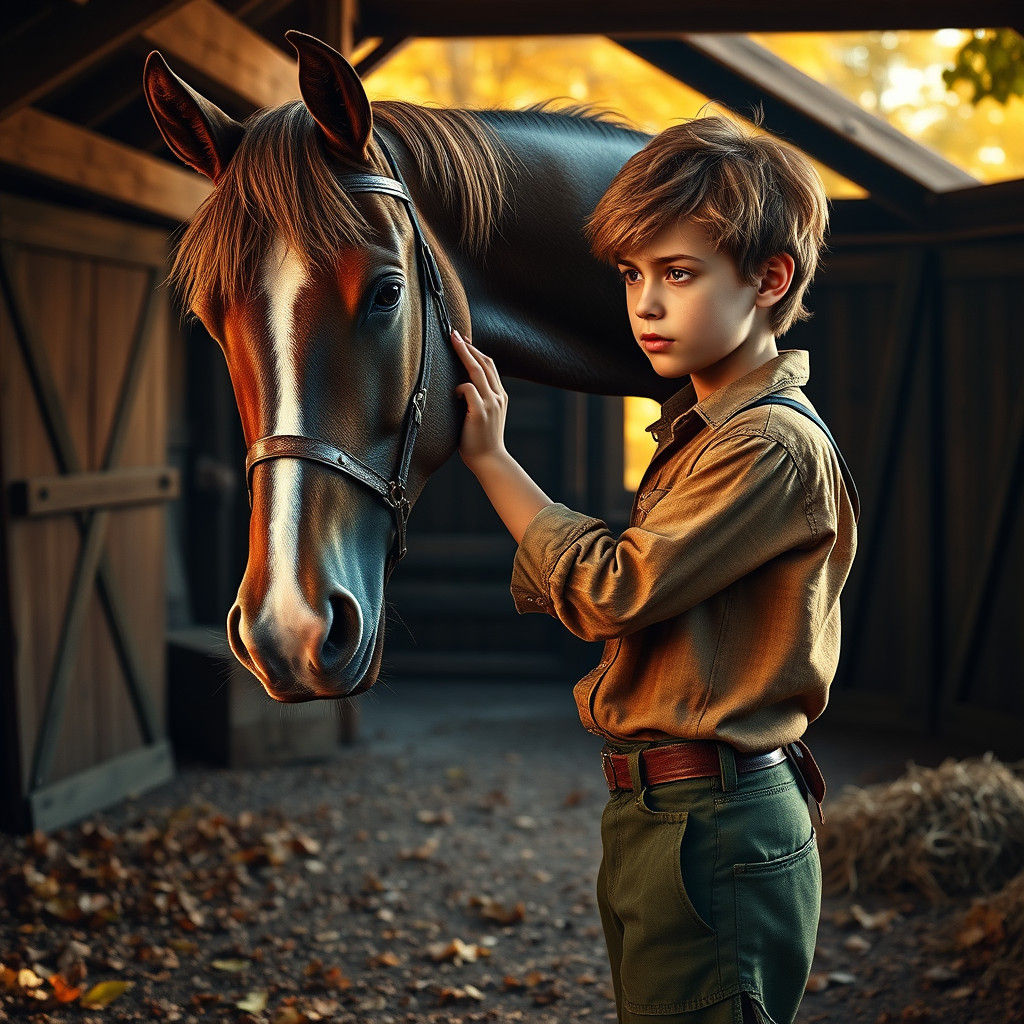 Boy and Horse in Autumn Stable, Detailed Matte Painting