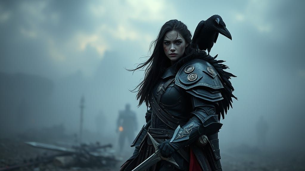 Valkyrie of Dawn in Mist-Covered Battlefield