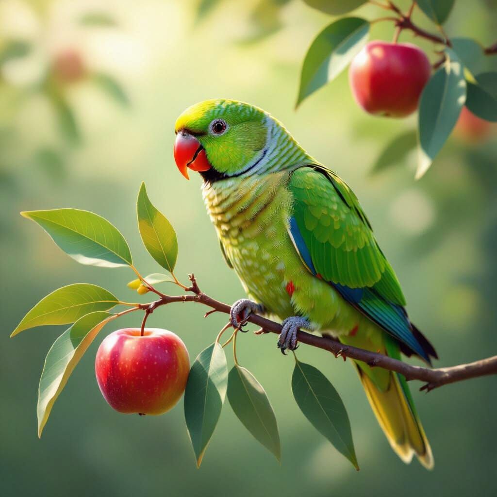 Vibrant Green Parrot with Red Beak Holds Apple on Branch
