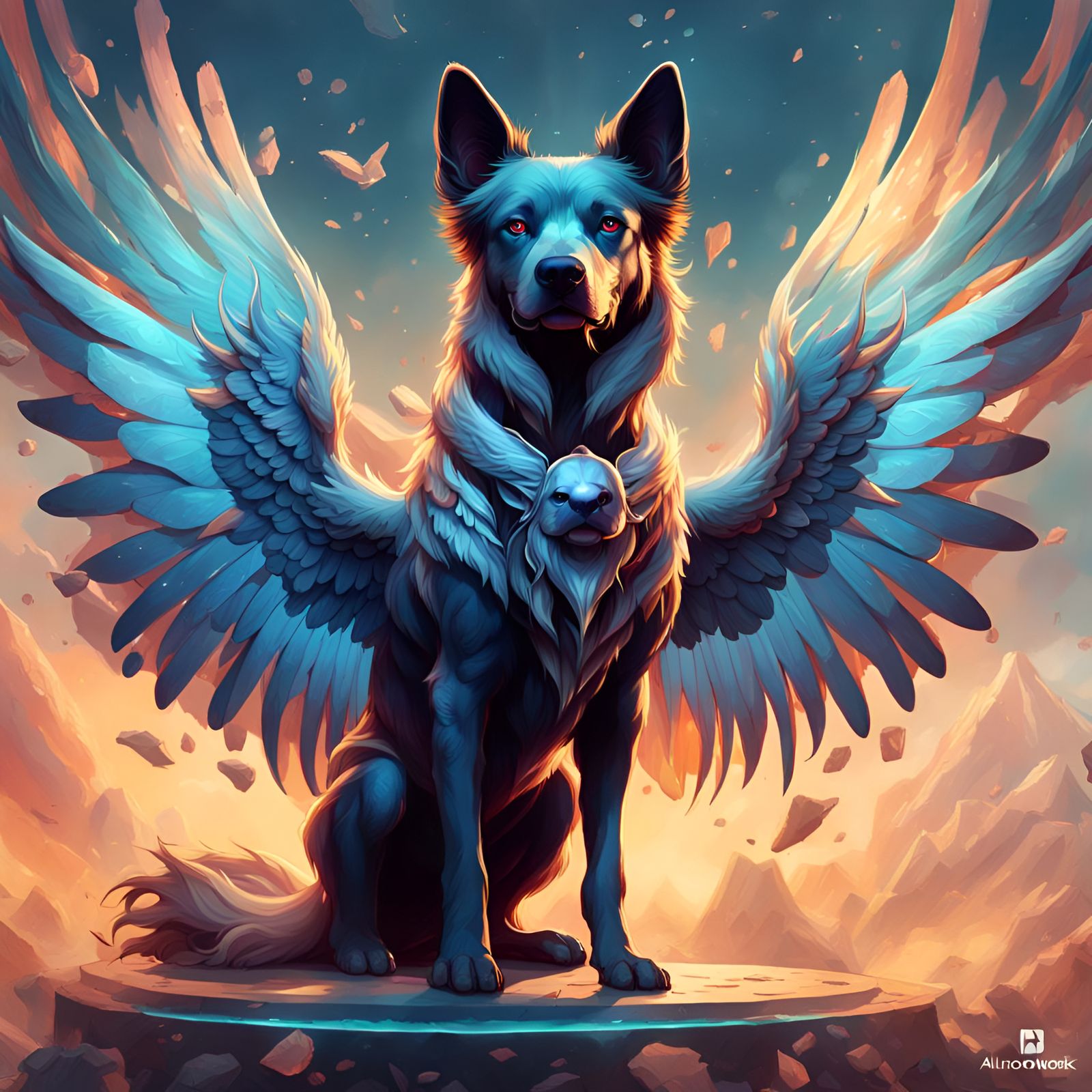Winged Mythical Dog Portrait in Hyperdetailed Style