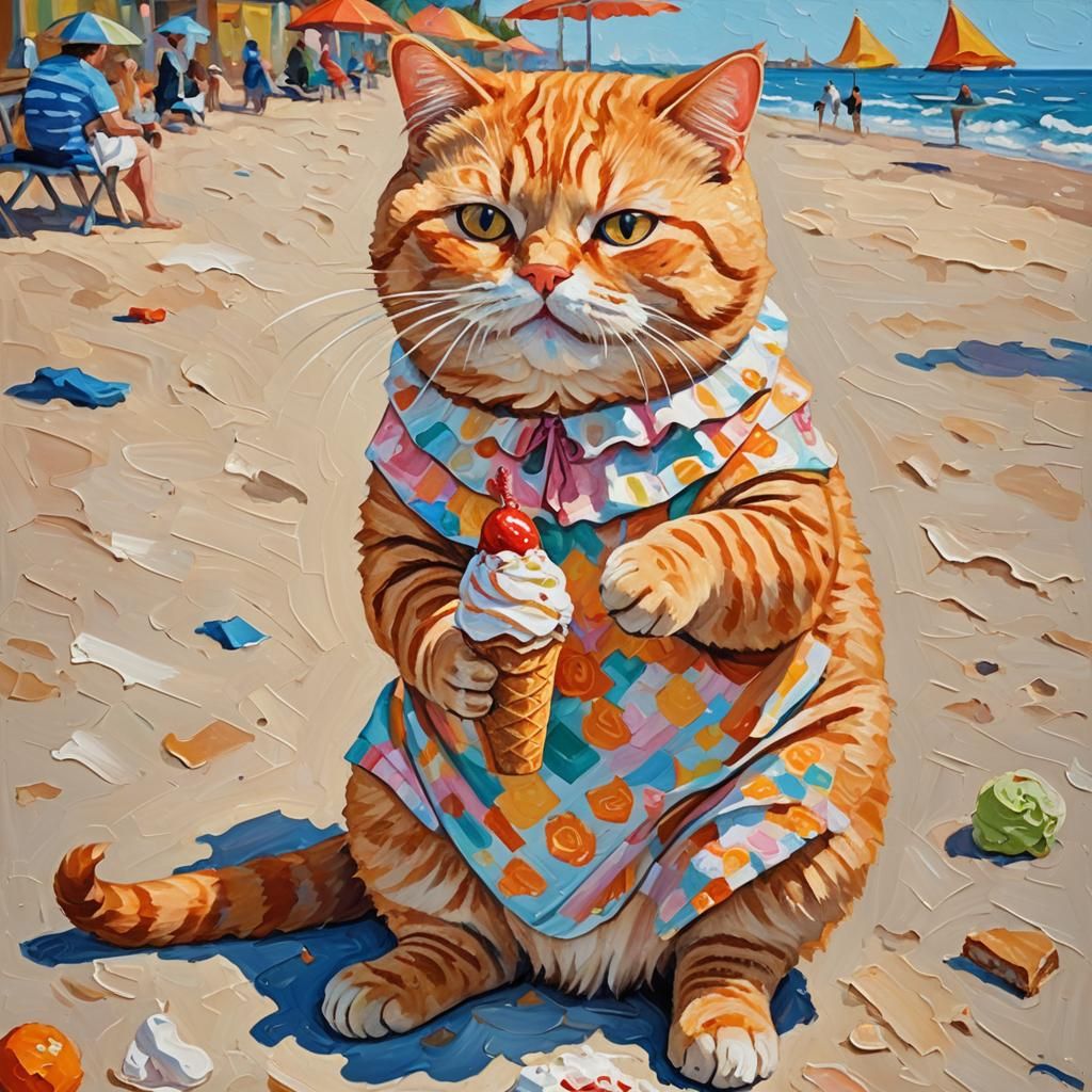 Orange Cat Licking Ice Cream: Expressionist Oil Painting