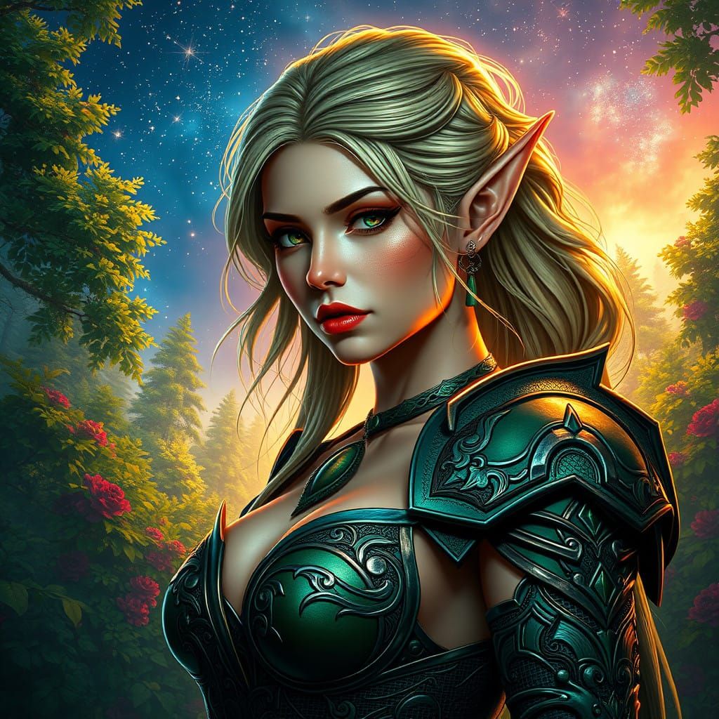 Hyperrealistic Elf Maiden in Emerald Armor, Shining Under Ce...