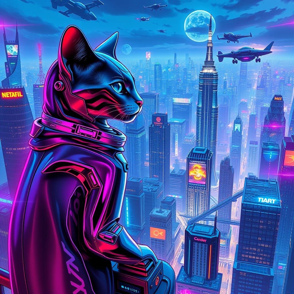 Cyberpunk Chrome Cat Overlooking Metropolis