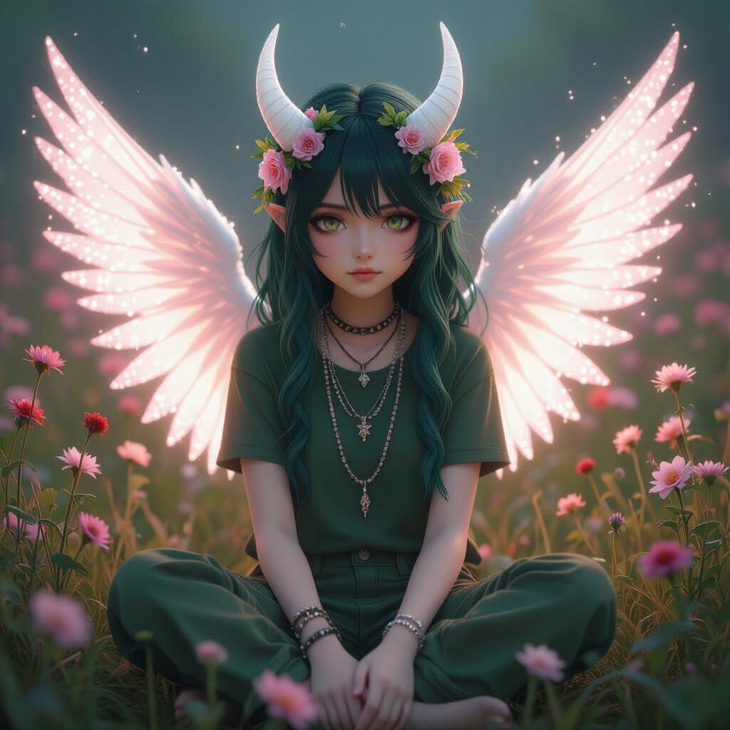 Dark Green Haired Teen with White Horns and Pink Wings