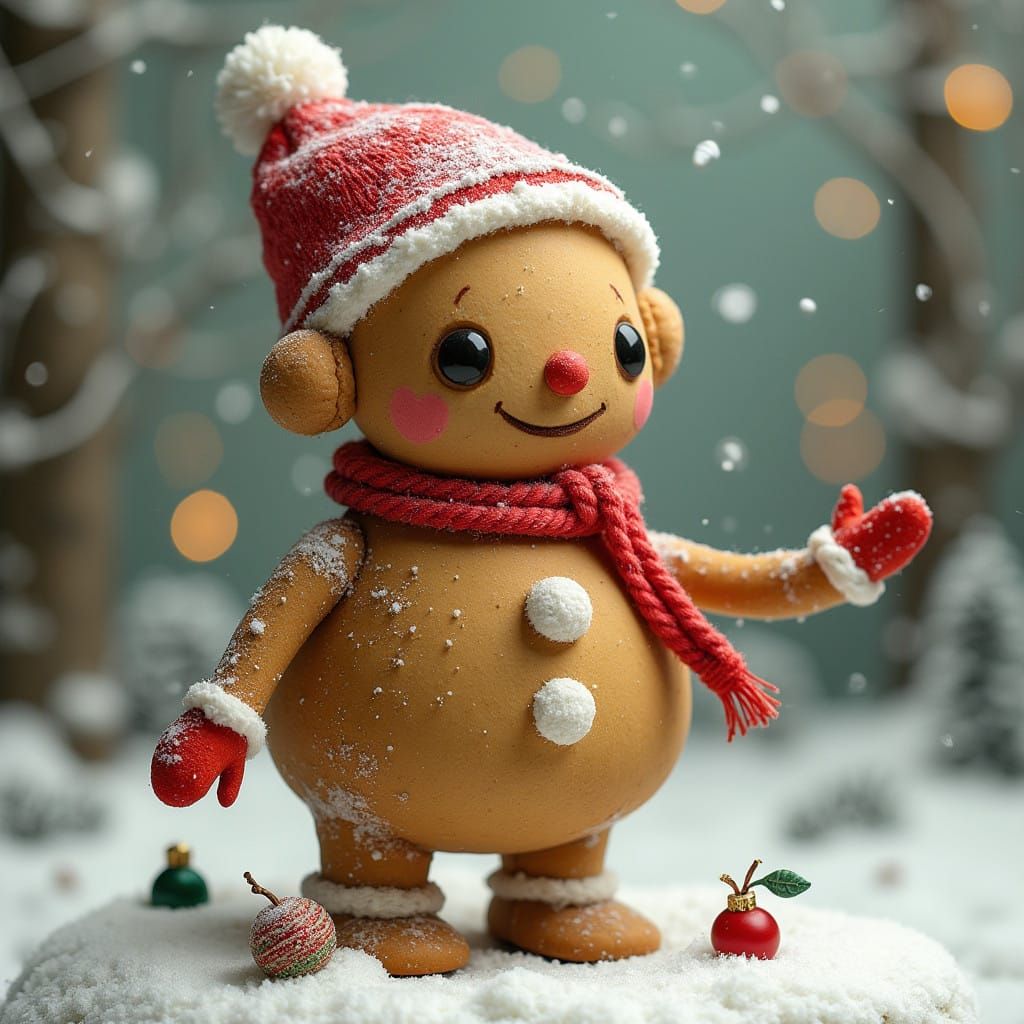 Whimsical Gingerbread Robot in a Fantastical Winter Scene