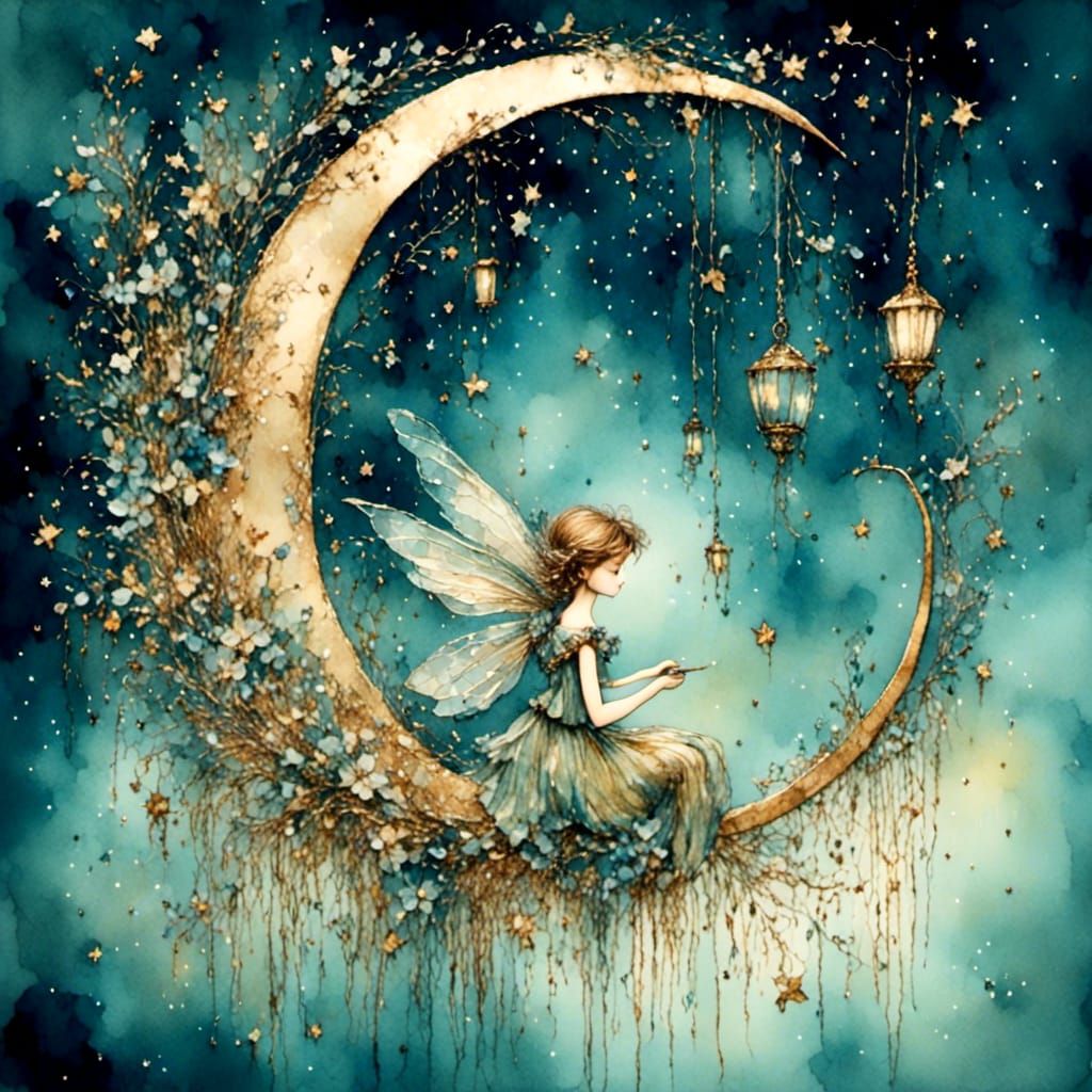 Ethereal Fairy on Crescent Moon in Watercolor Style
