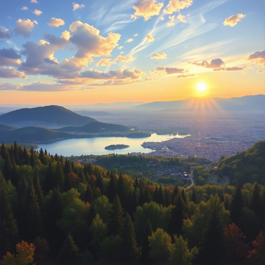 Panoramic Landscape: Forest, Lake, Mountains, City & Village