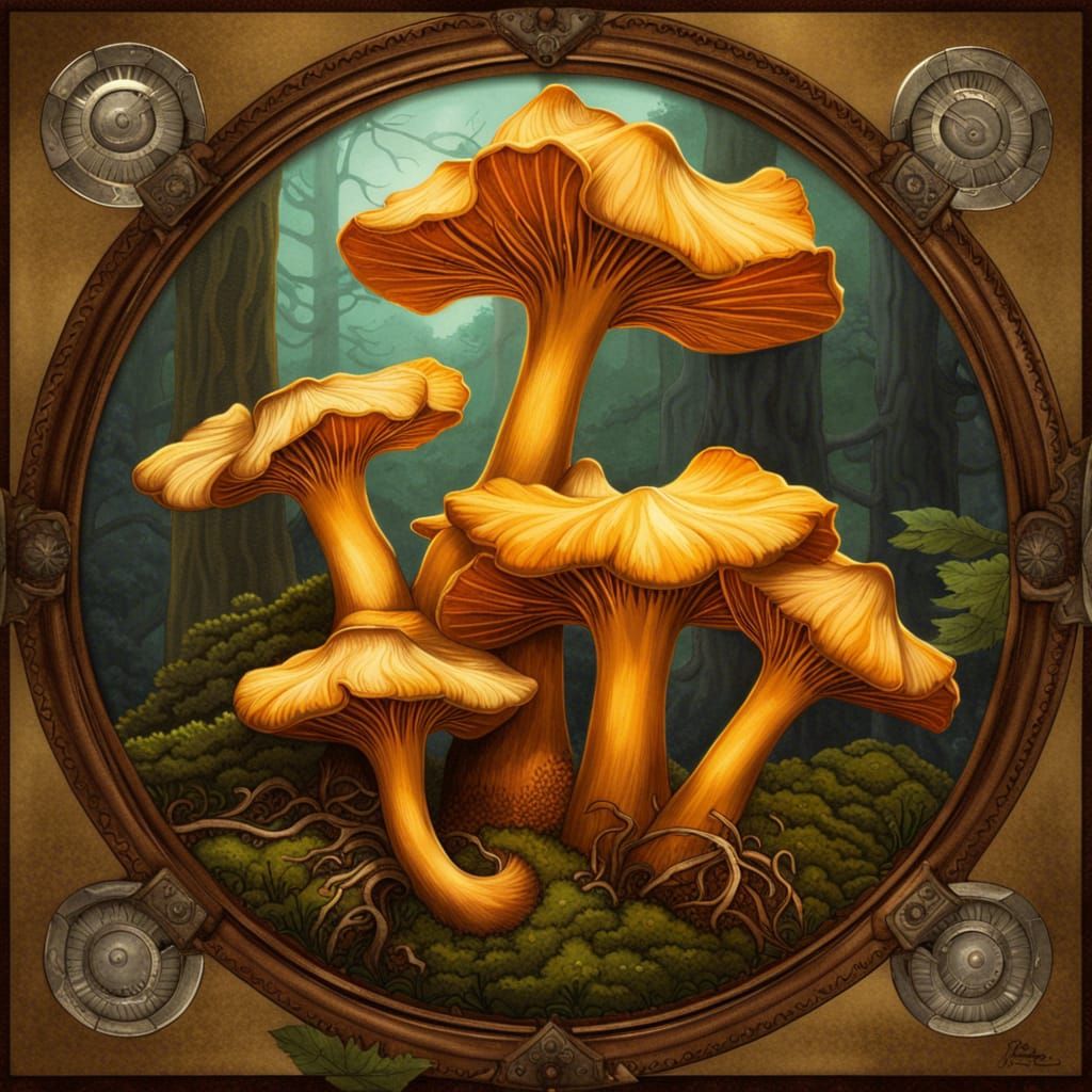 Steampunk Chanterelle Mushrooms with Woodland Border
