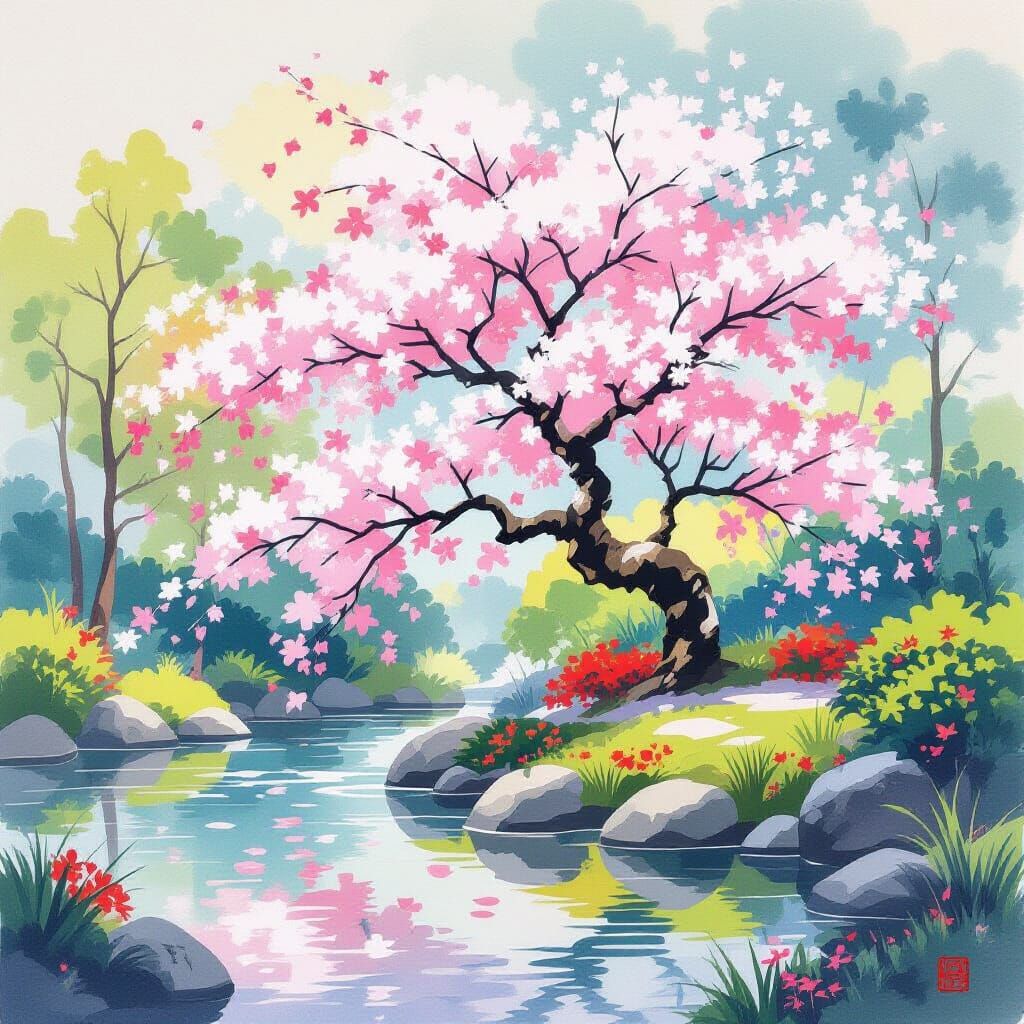 Japanese Cherry Tree Garden in Abstract Watercolour