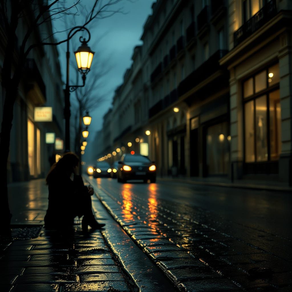 Melancholic Woman Lost in Thought on a Rainy Parisian Street