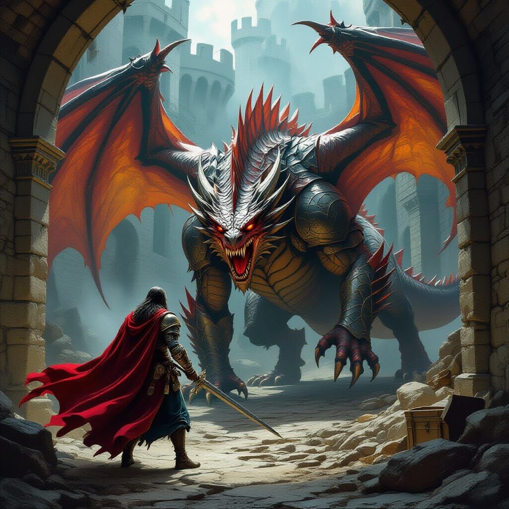 Knight Versus Dragon in Treasure-Filled Dungeon