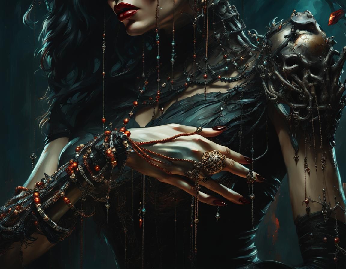 Detailed Gothic Hand Holding Beaded Thread