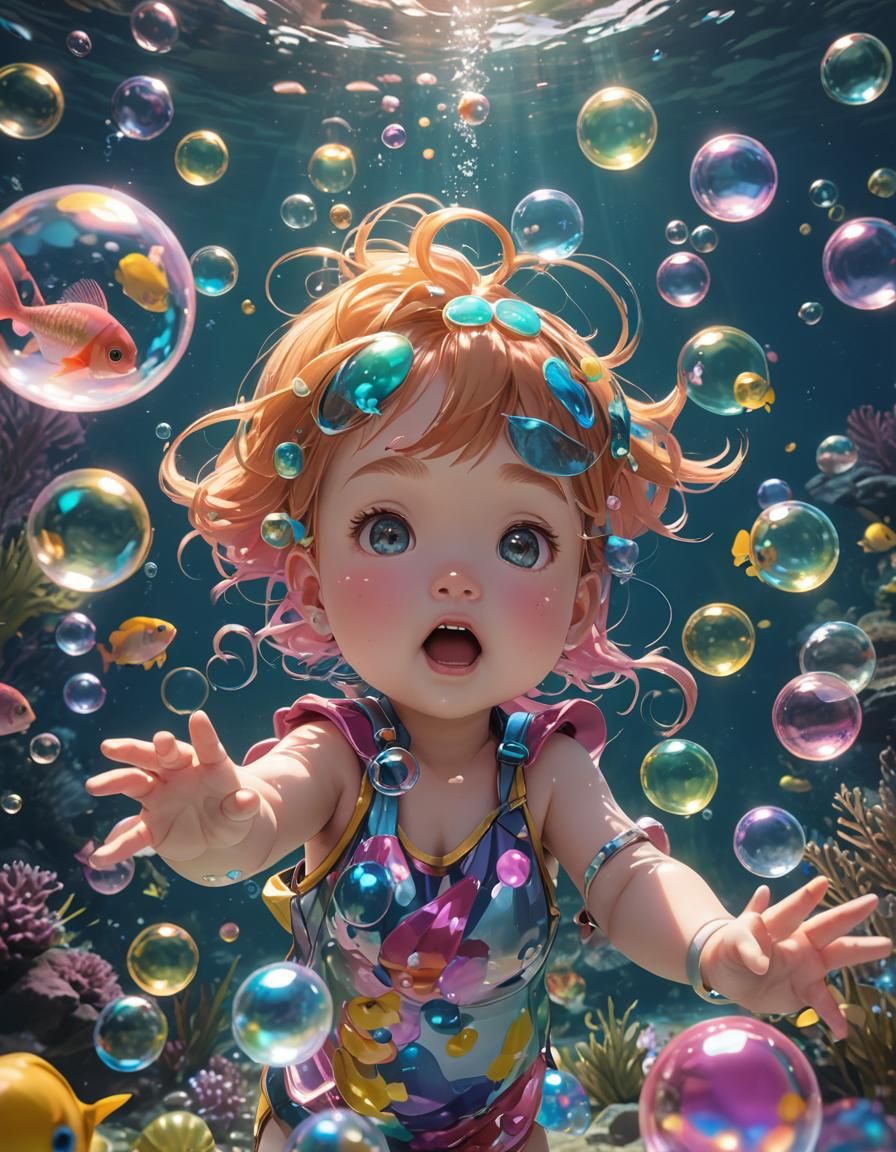 Colorful Underwater Baby in 3D Anime Style