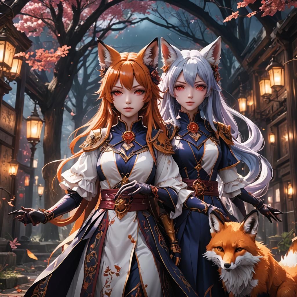 Psychic Anime Fox Girl Twins: Detailed Matte Painting