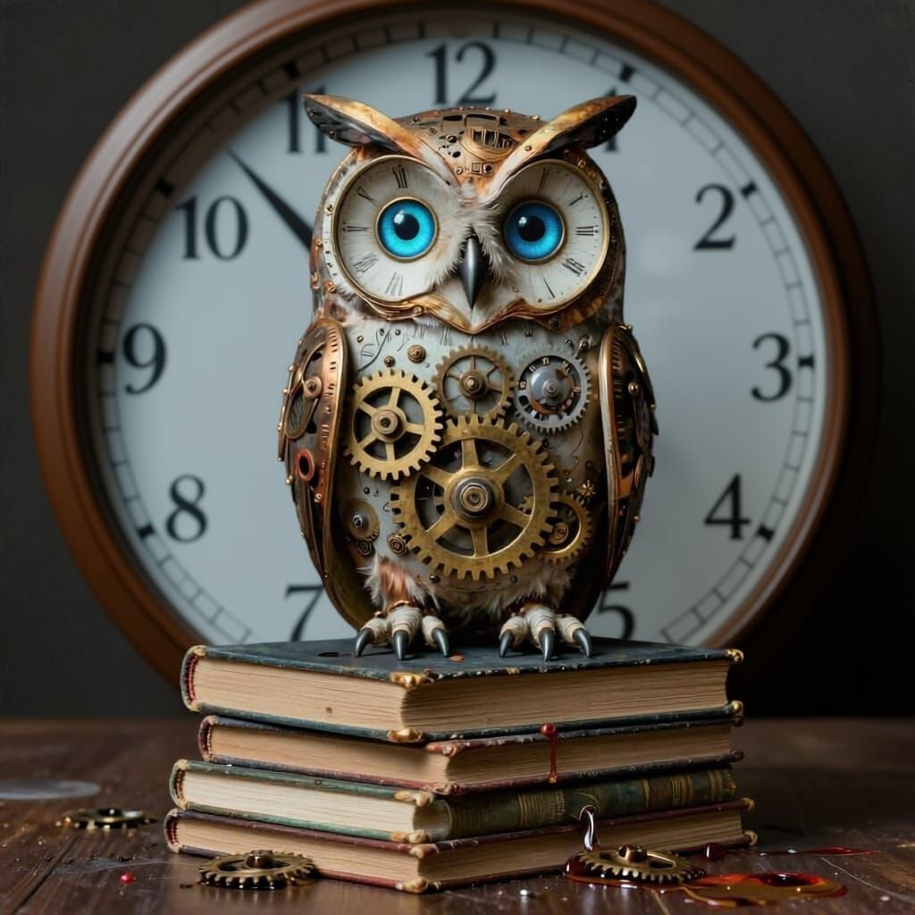 Clockwork Owl on Melting Books in Abstract Void