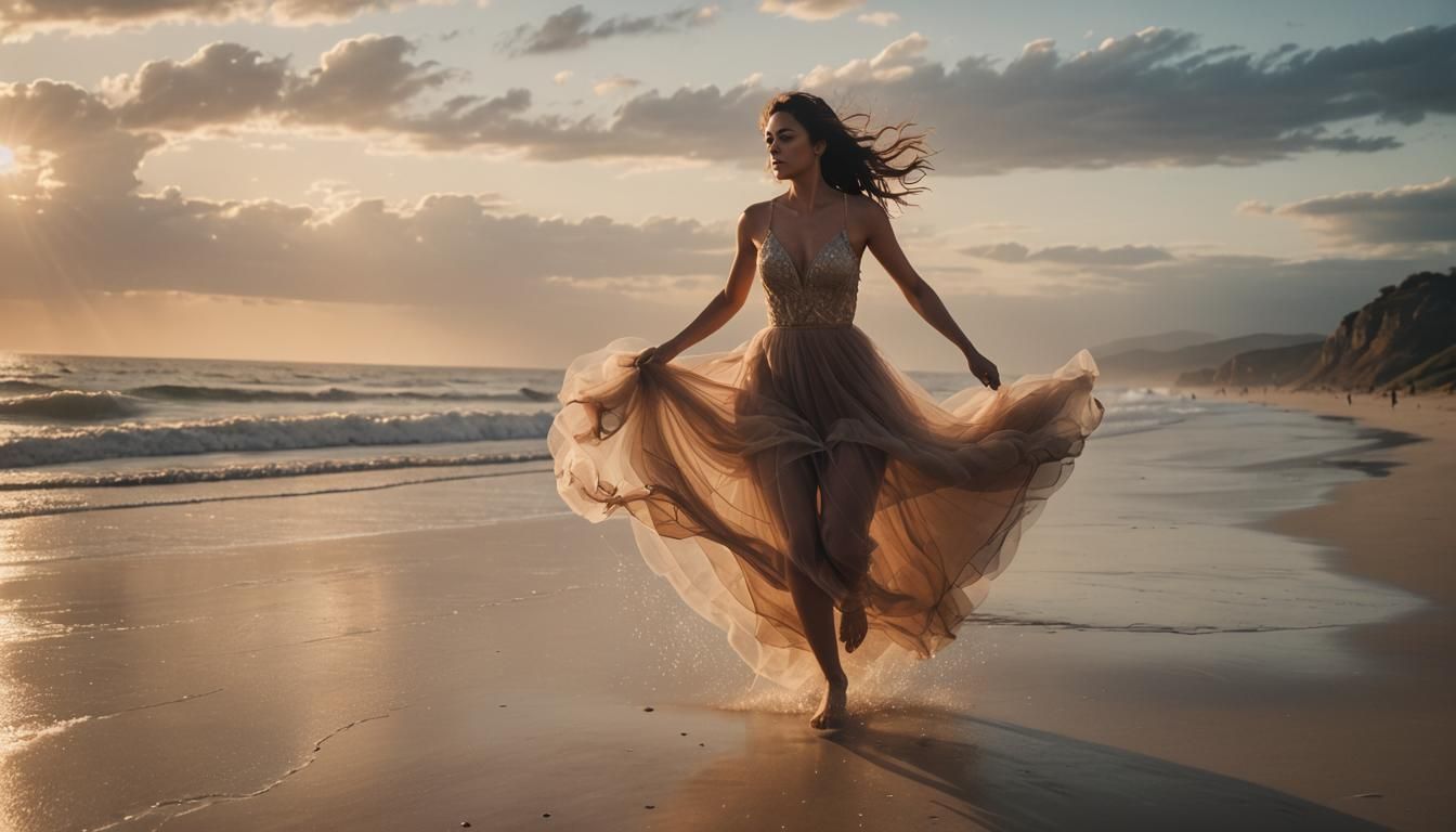 Sunset Beach Run with Flowing Veil