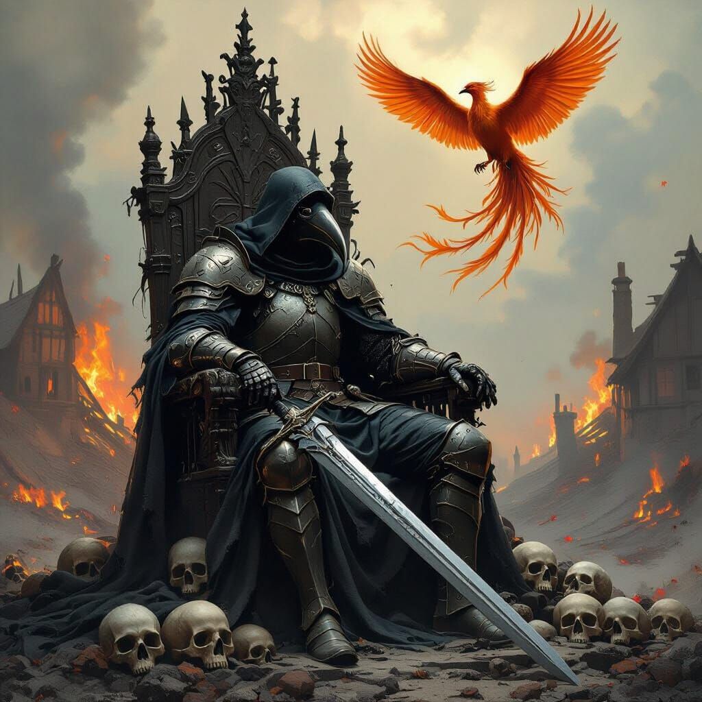 Plague Doctor Knight on Throne of Corpses with Phoenix