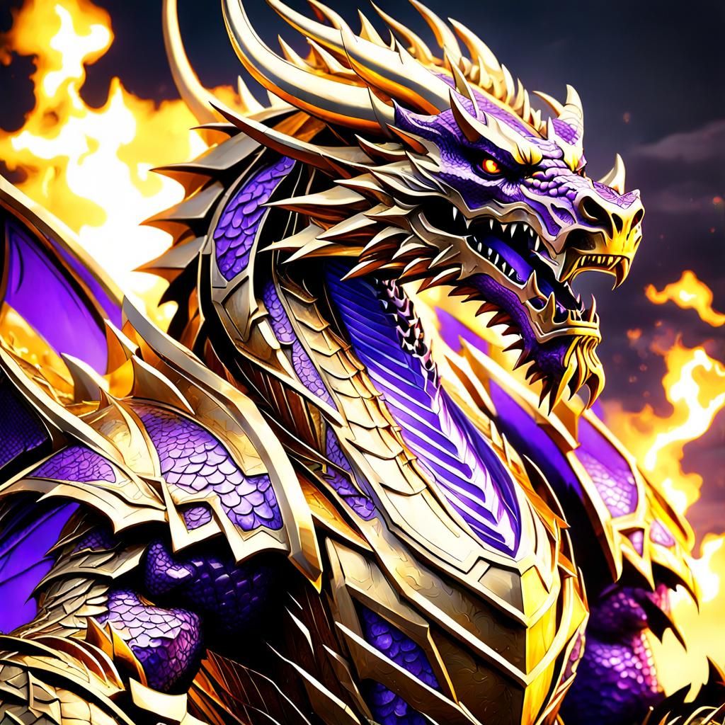 Golden Armored Dragon Lord in Burning Landscape