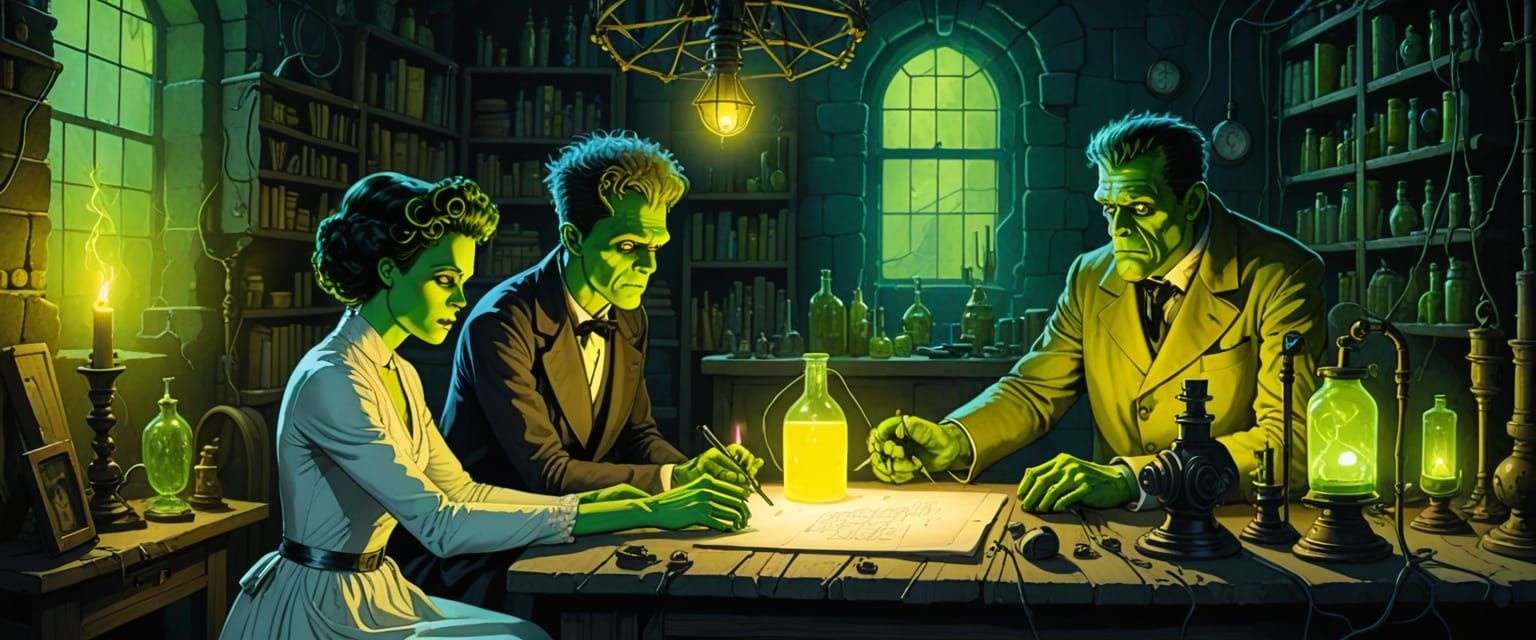 Frankenstein's Romantic Embrace: Watercolor in Castle Labora...