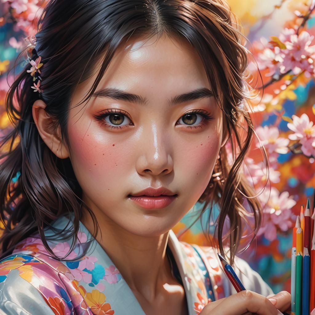 Hyperrealistic Japanese Girl Drawing Picture with Ethereal G...