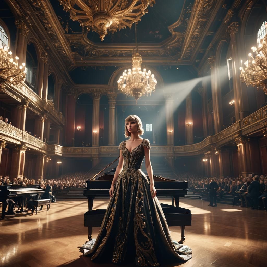 Taylor Swift in Ornate Concert Hall: 3D Render