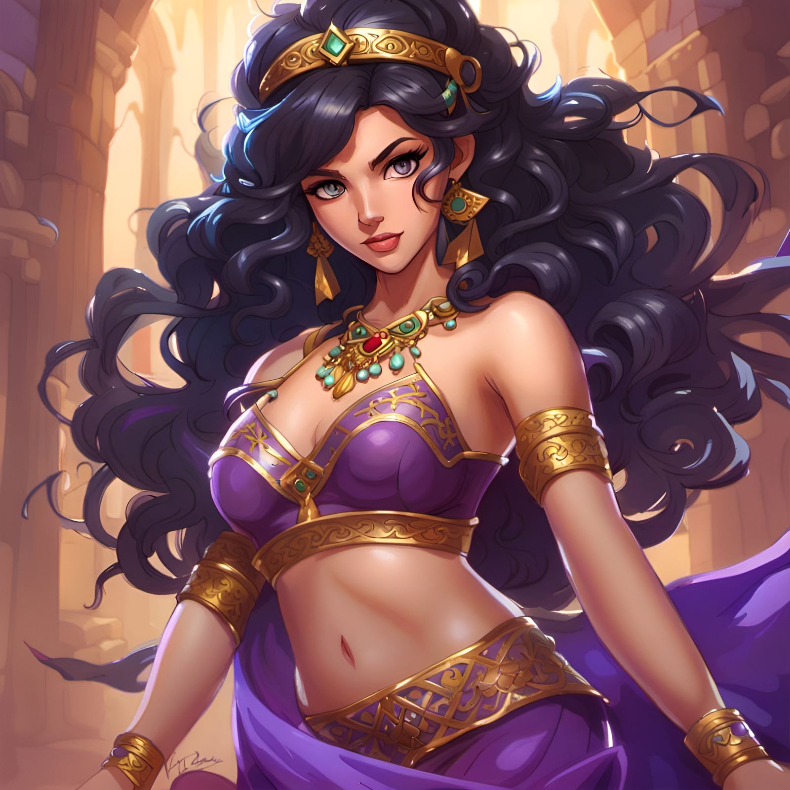 Esmeralda, mobile legend hero, mage, mid 30s Persian female, medium curly black hair, blue thick headband on her head, e...