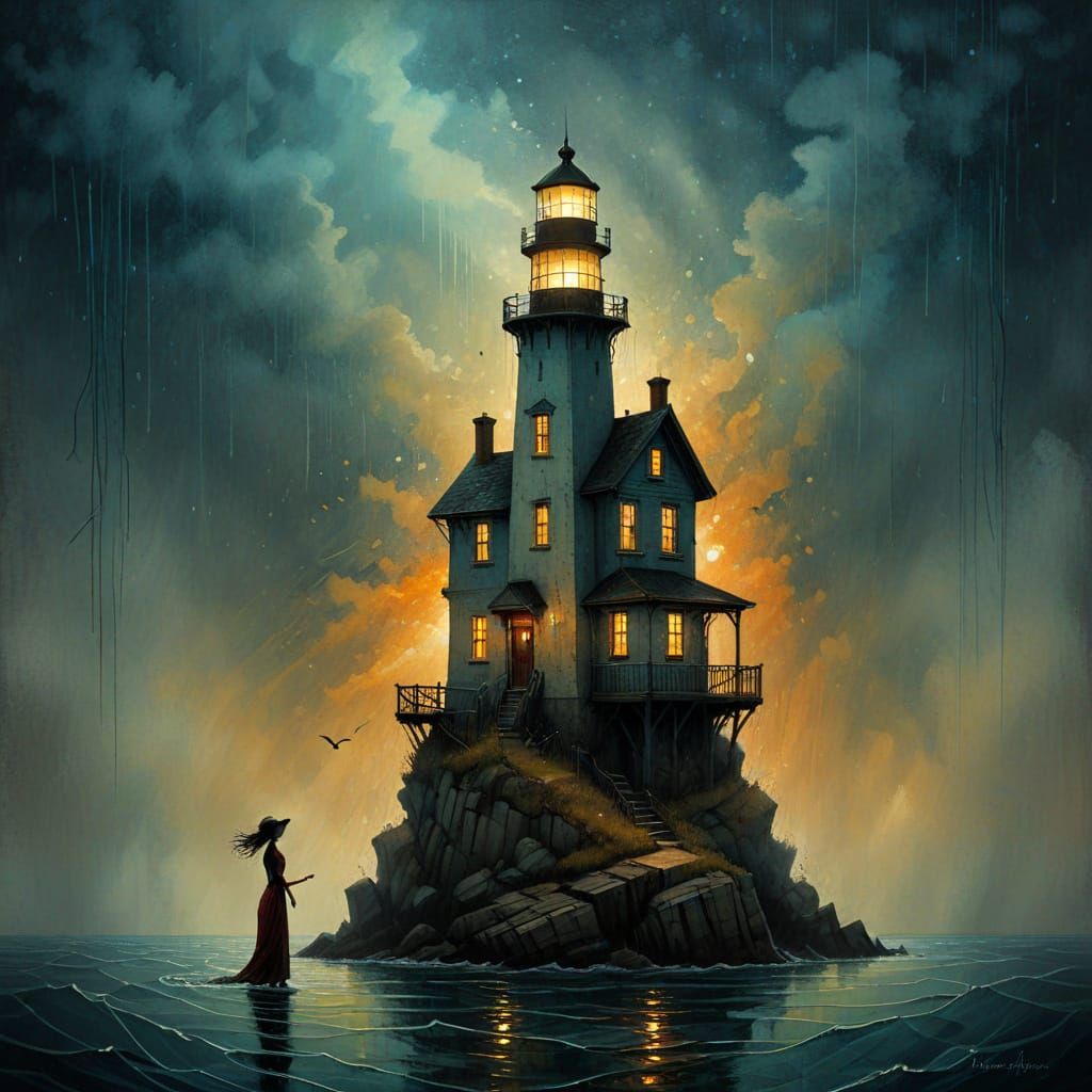 Impressionistic Lighthouse on Stormy Crag