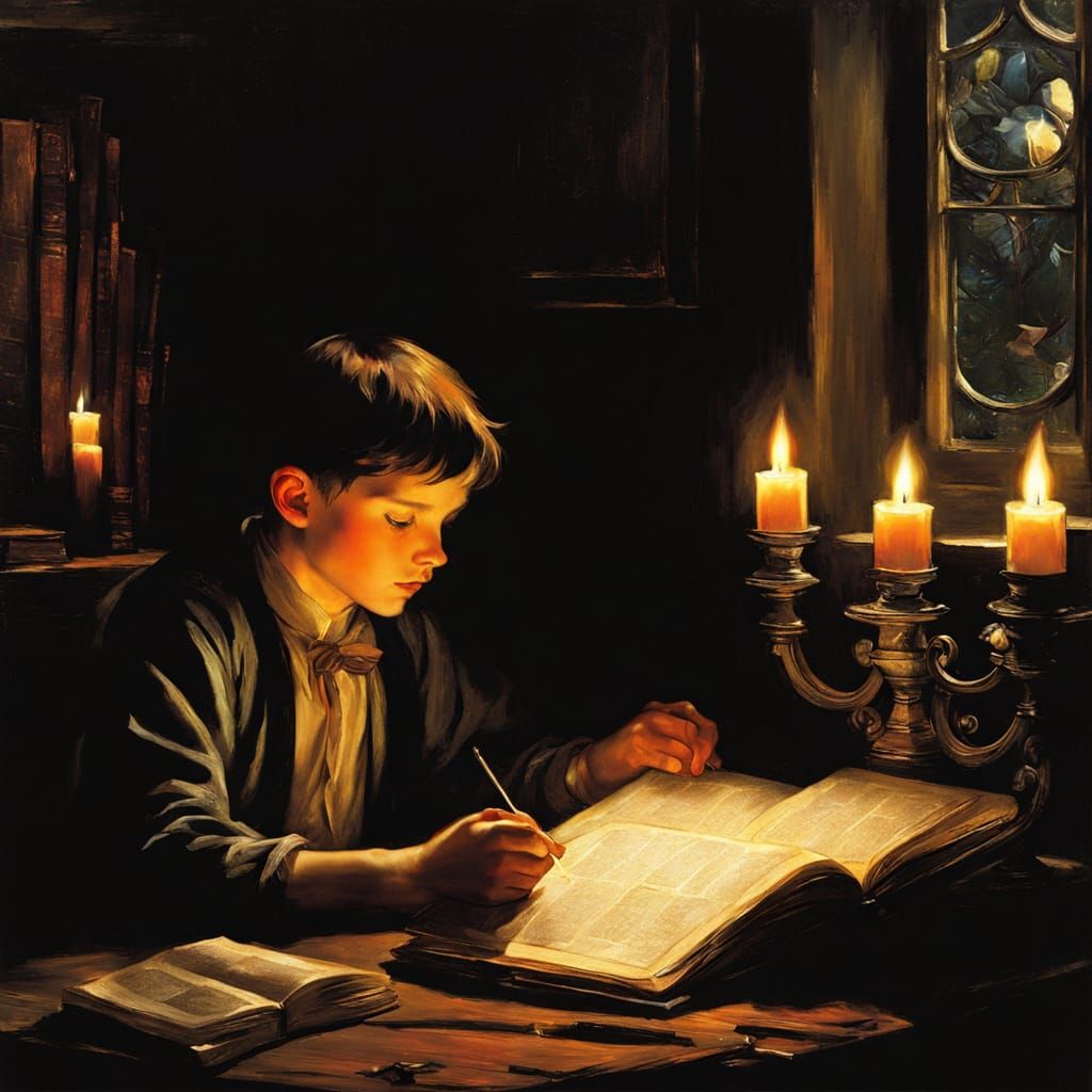 Boy Reading by Candlelight in Chiaroscuro Style