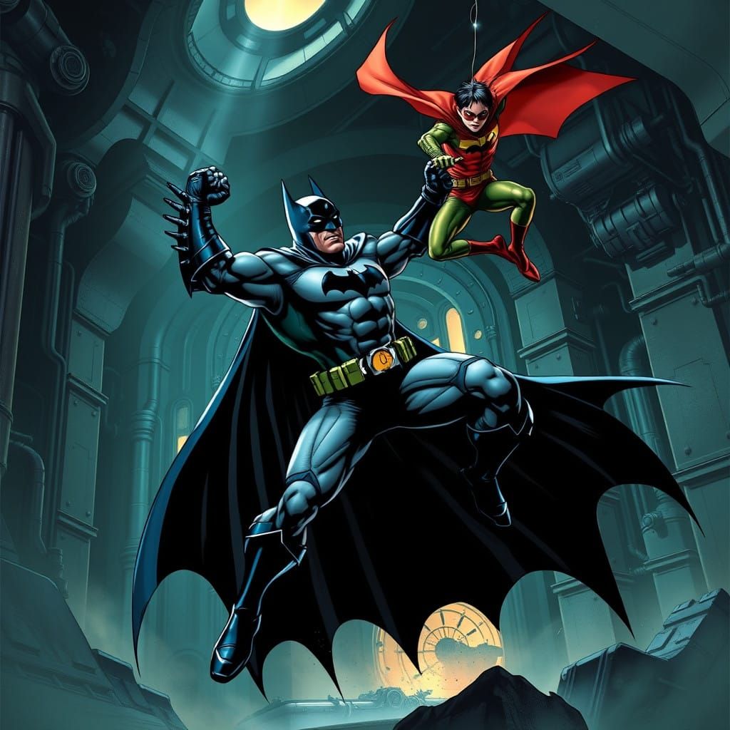 Batman in Powerful Throw Amidst Batcave Industrial Grandeur