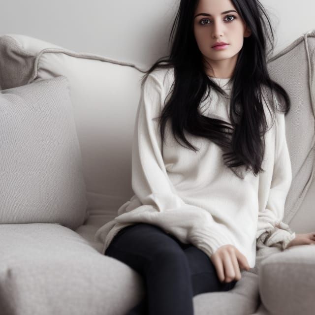 Shy Albanian Girl with Black Hair on Couch