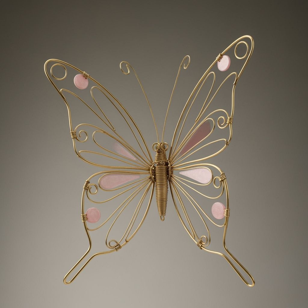 Wire Butterfly Sculpture with Gold and Pink Accents