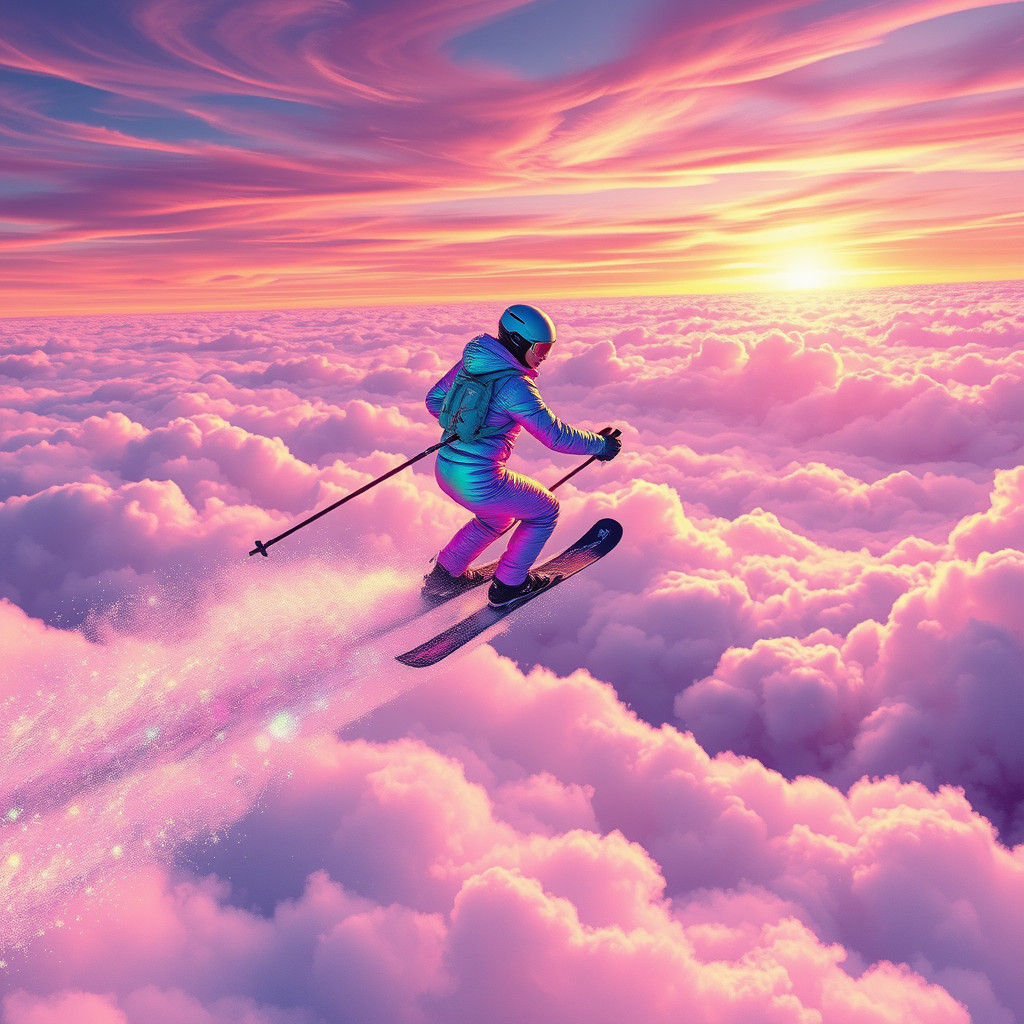 Skier Gliding on Clouds at Sunset: Holographic Astral Illust...