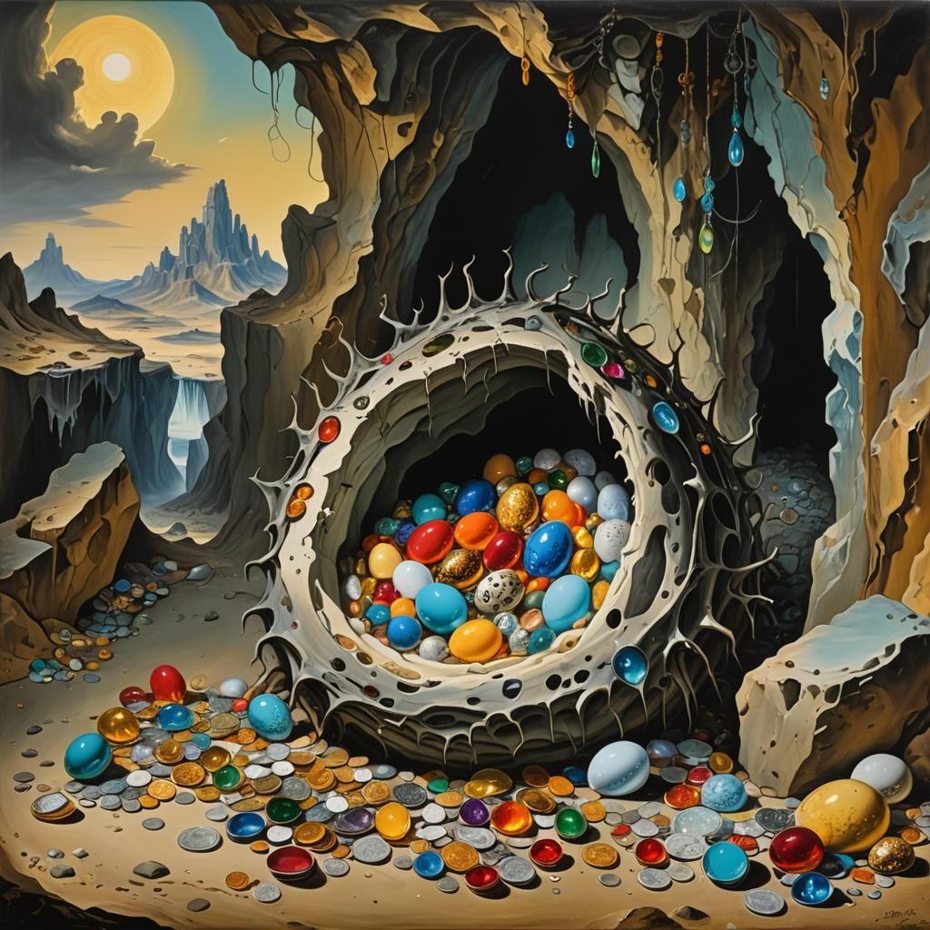 Dragon Eggs in Cavern, Surreal Oil Painting