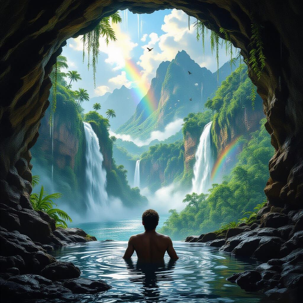 Tropical Waterfall Vista in Dramatic Storm Light