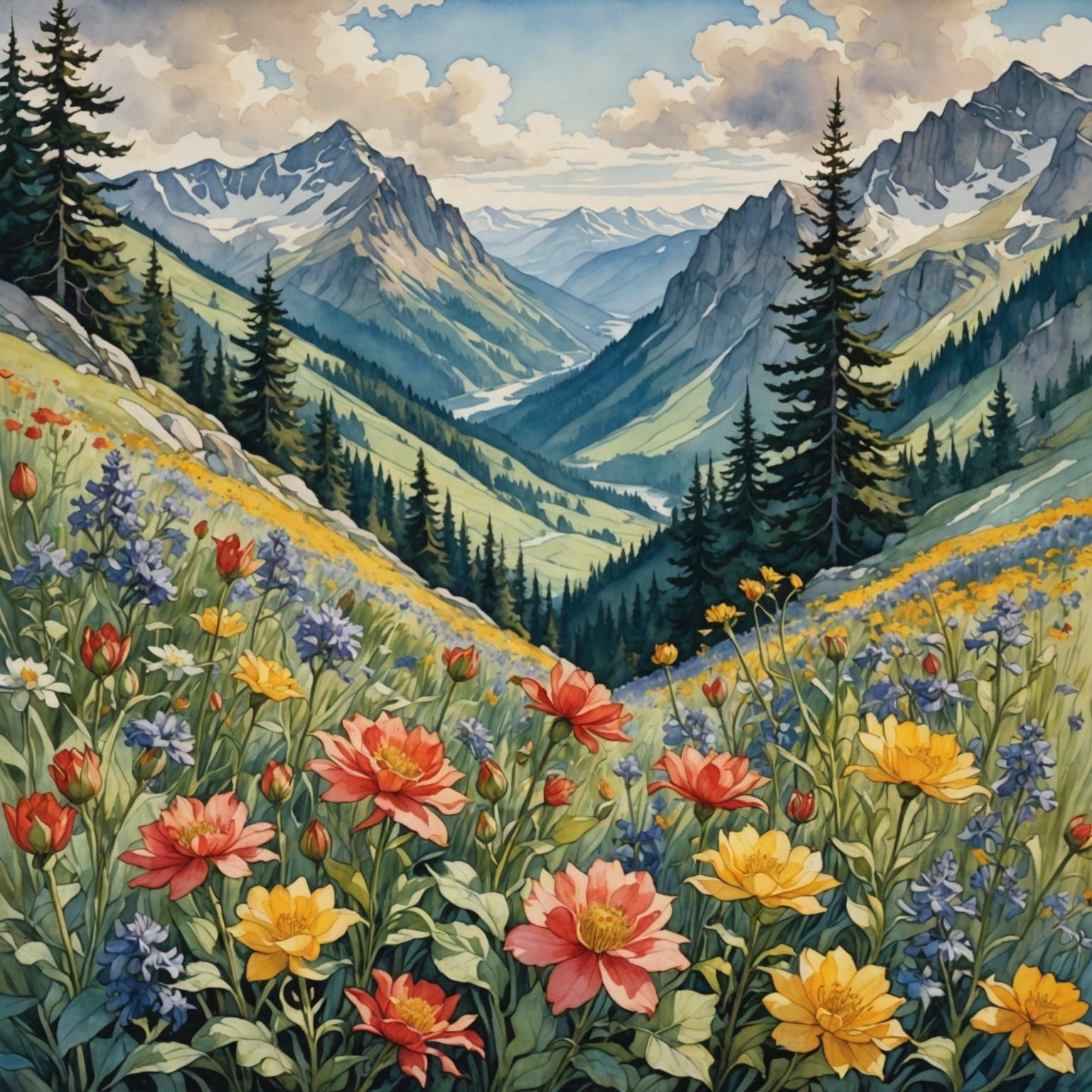 Enchanted Mountainside Blooms in Whimsical Watercolor