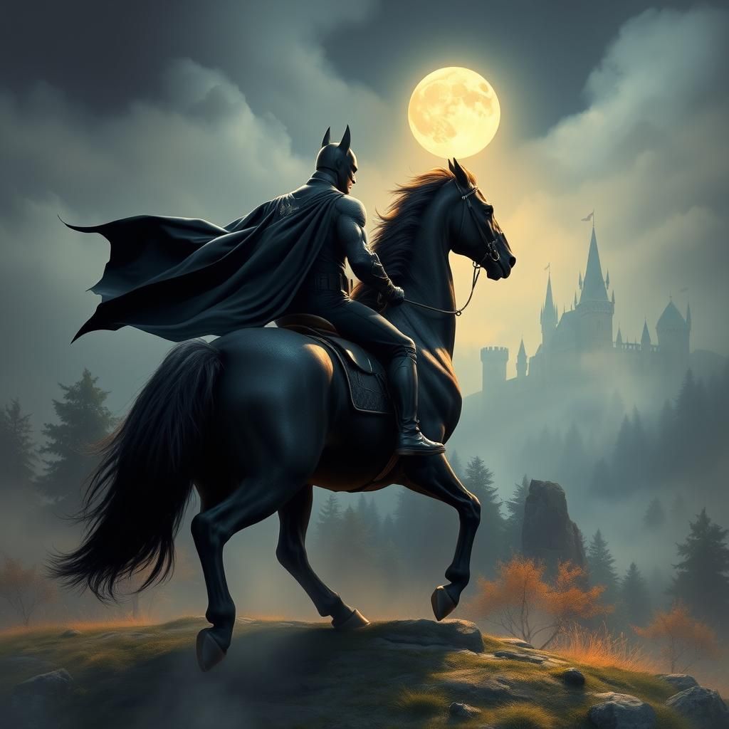 Batman on Horseback in Ethereal Fantasy Landscape