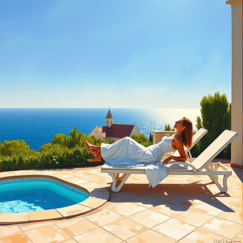 Serene Woman Lounging by Pool in Impressionist Style