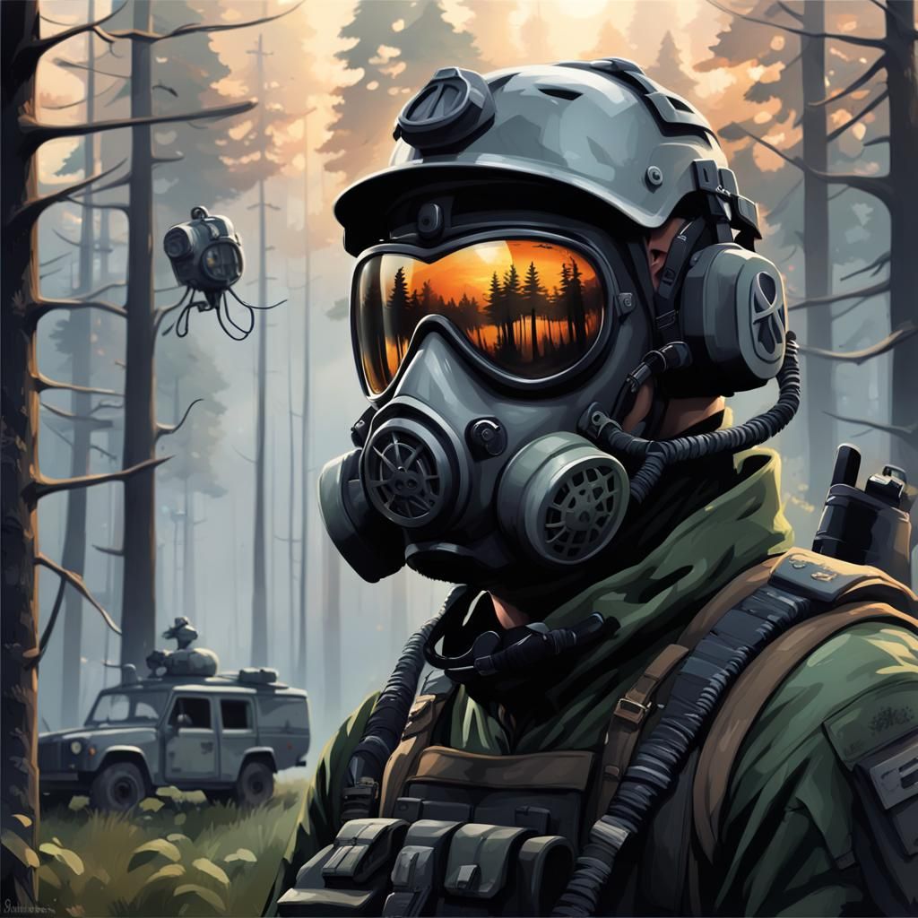 High-Tech Soldier in Forest Sunset Reflection